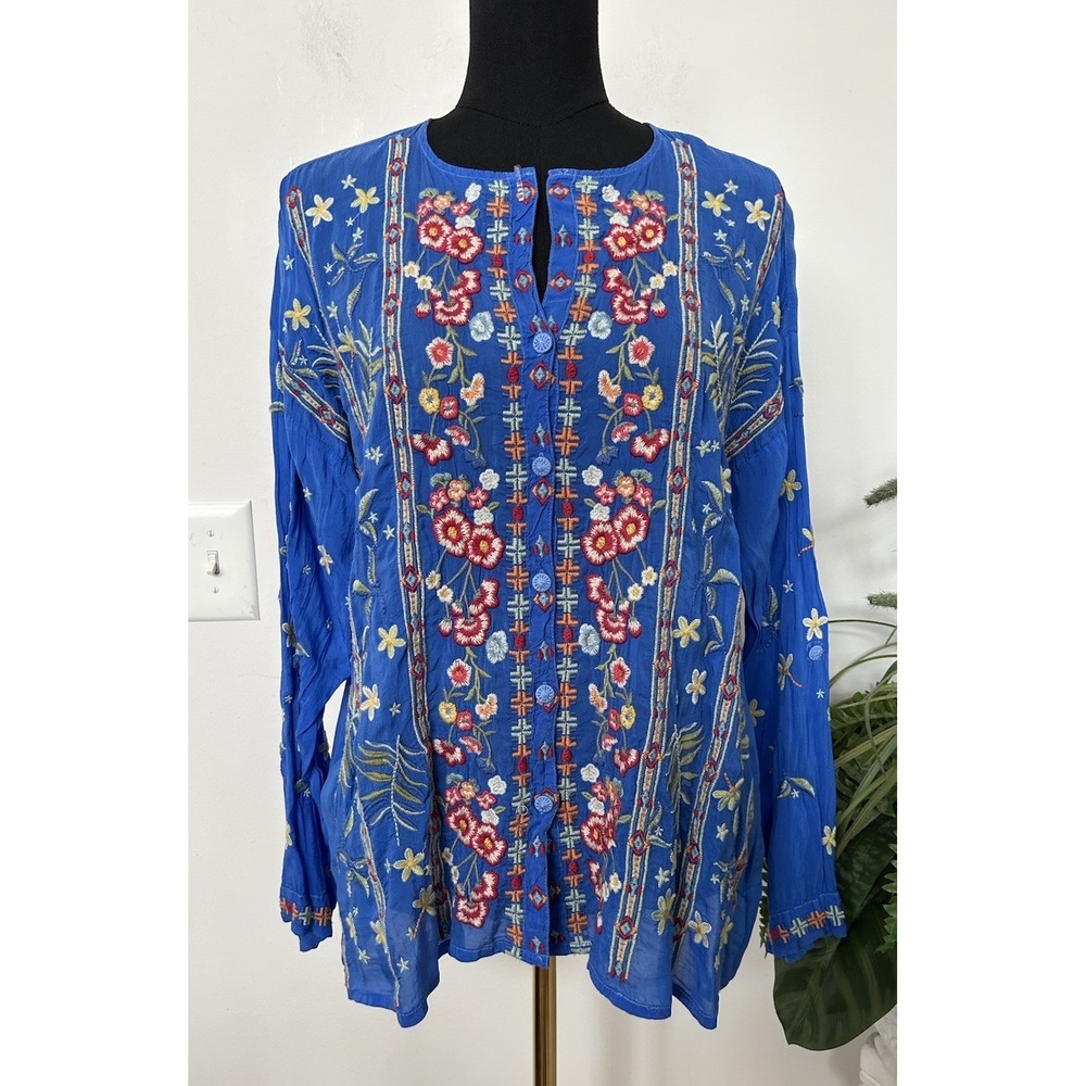 Johnny Was Floral Striped Garden Blouse Shirt Long Sleeve Boho Blue Womens Sz‎ S